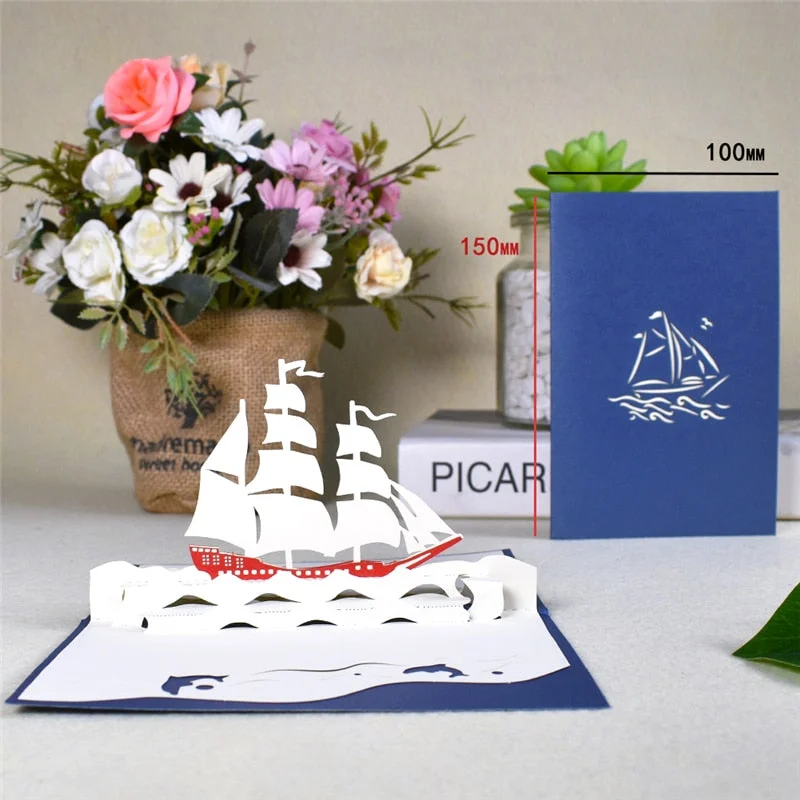 3D Barque Ship Model Pop-Up Birthday Cards for Kids with Envelope Business Greeting Cards Handmade Gifts
