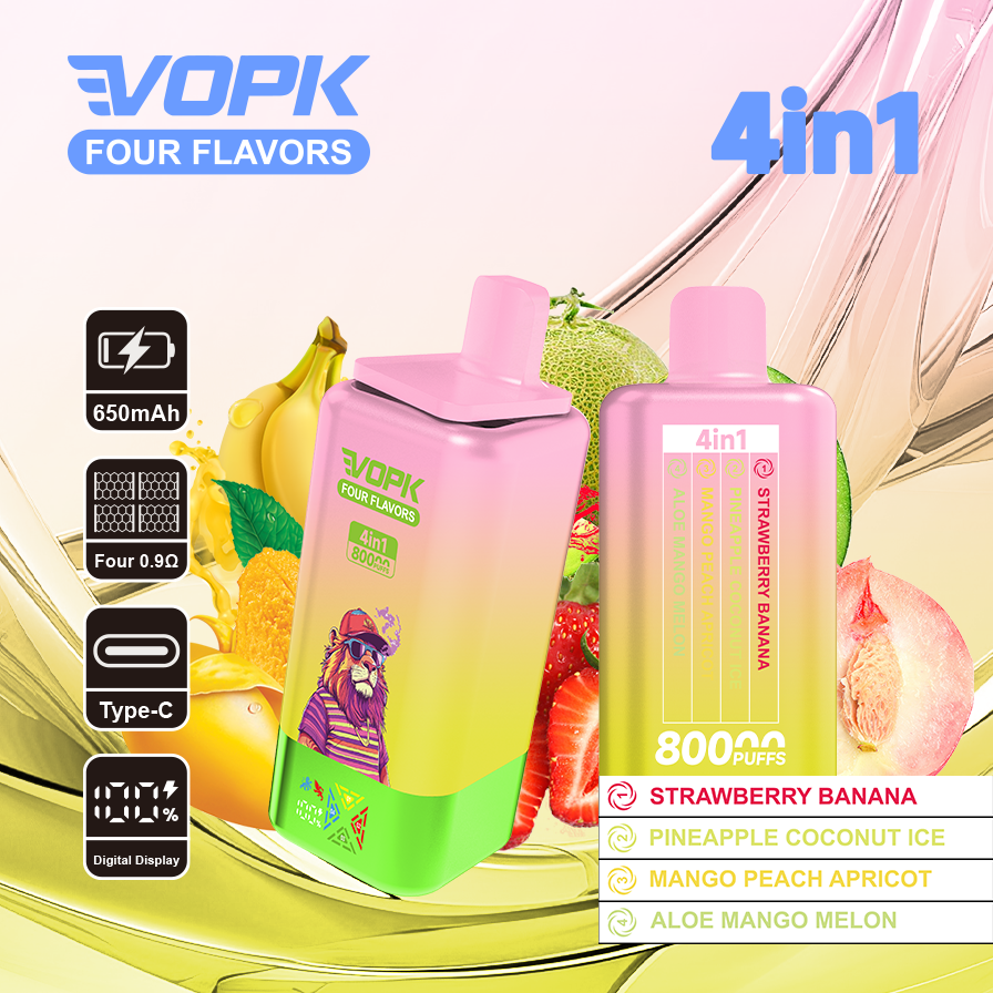 vopk 4 in 1 80k rechargeable disposable vape Kiwi passion Fruit guava & Strawberry cherry  & Grape ice & Strawberry Candy