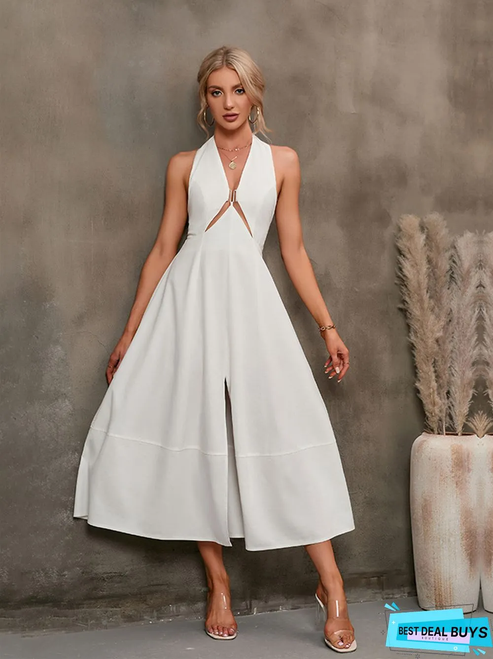 Solid Color Backless Sleeveless Wrap Long Dress