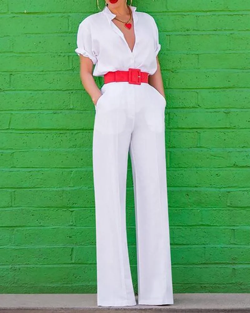 V-Neck Short Sleeve Solid Color Jumpsuit
