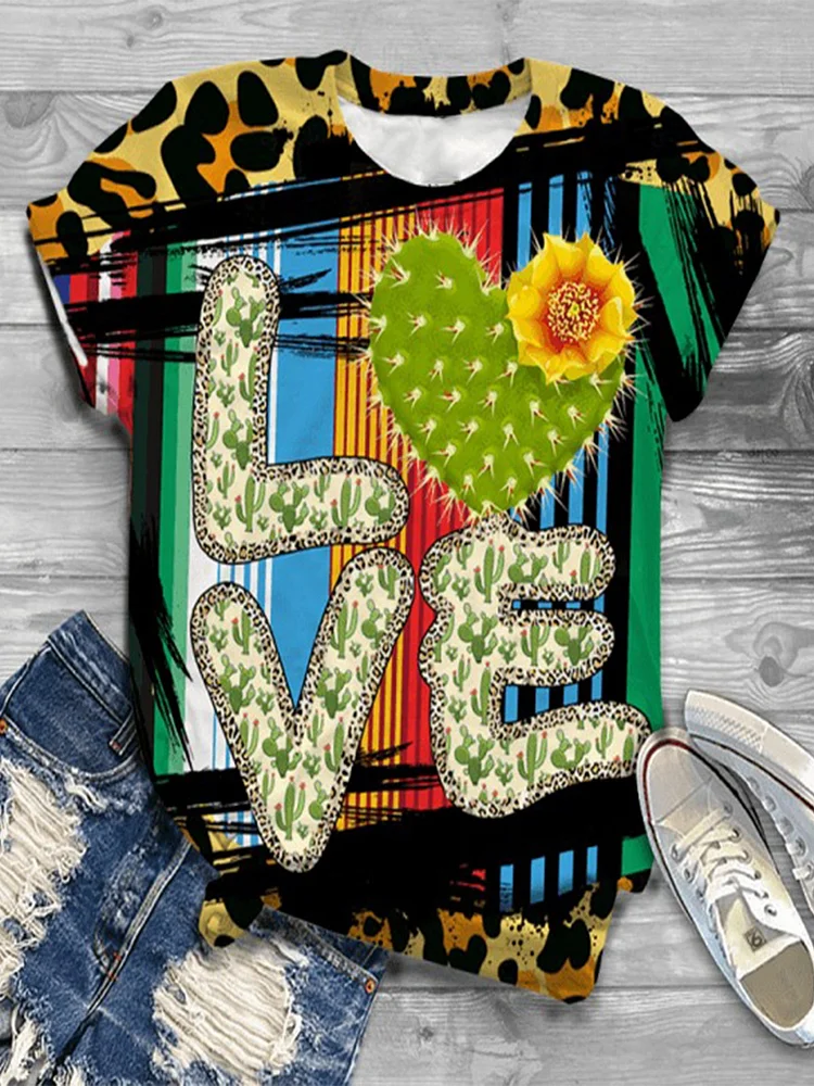 Bestdealfriday Vintage Short Sleeve Multicolor Leopard Cactus Love Printed Plus Size Casual Tops 8721537