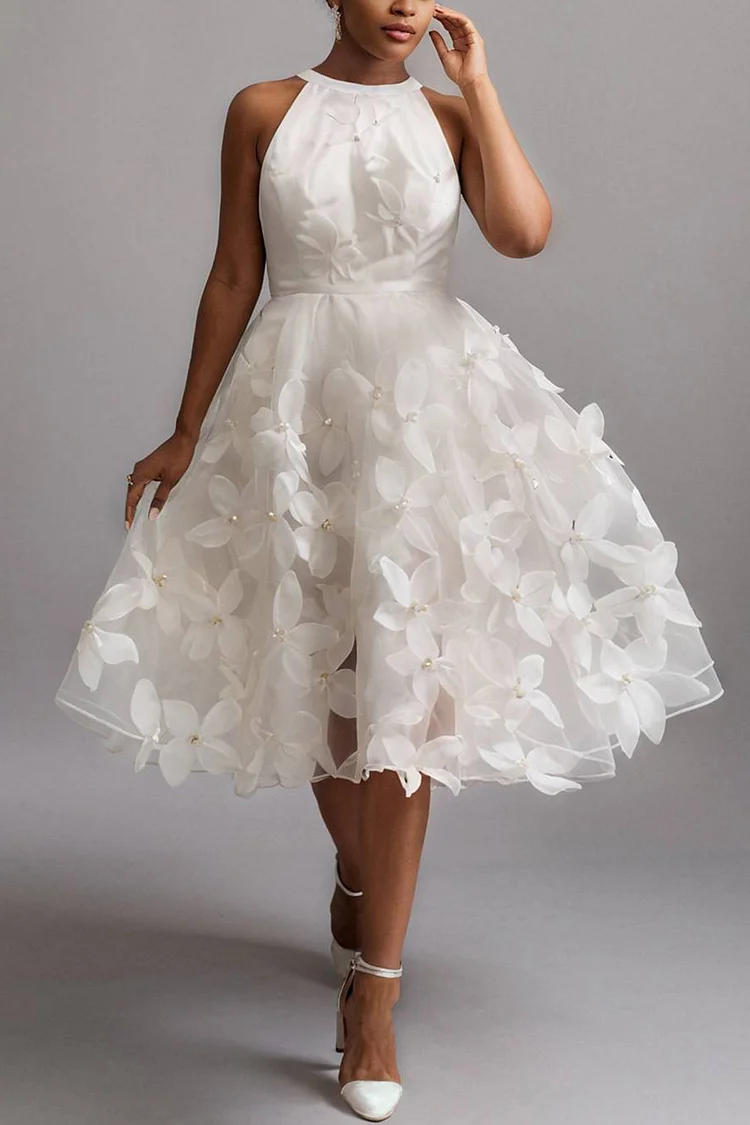 Xpluswear Design Plus Size Wedding White Sundress Halter Collar 3D Midi Dresses [Pre-Order]