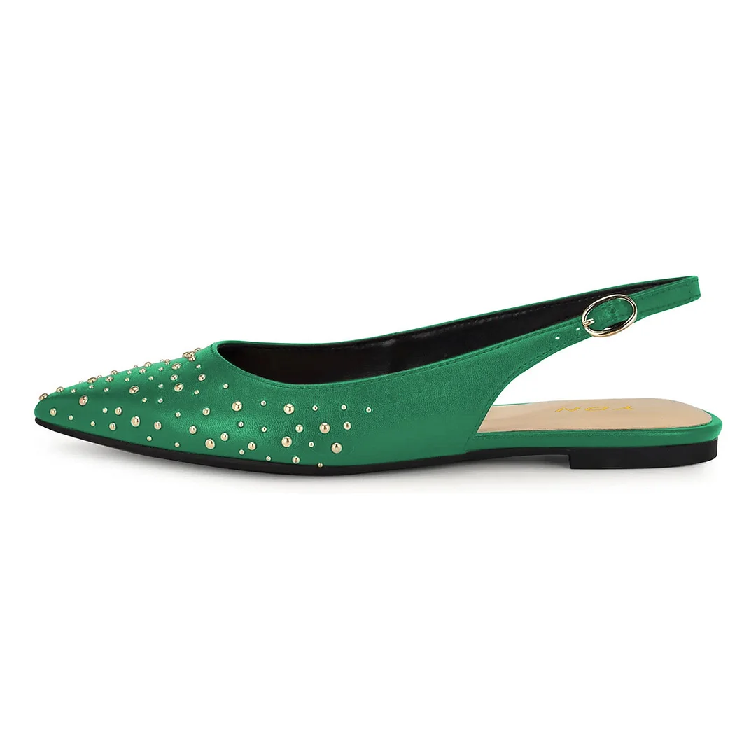YDN Green Pointed Toe Studded Slingback Flat Shoes for Women