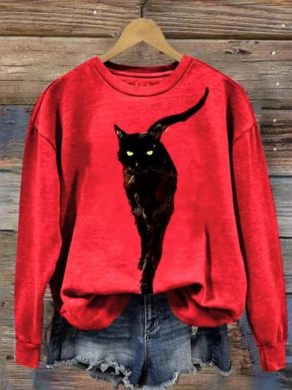 Women's Cat Print Crew Neck Sweatshirt