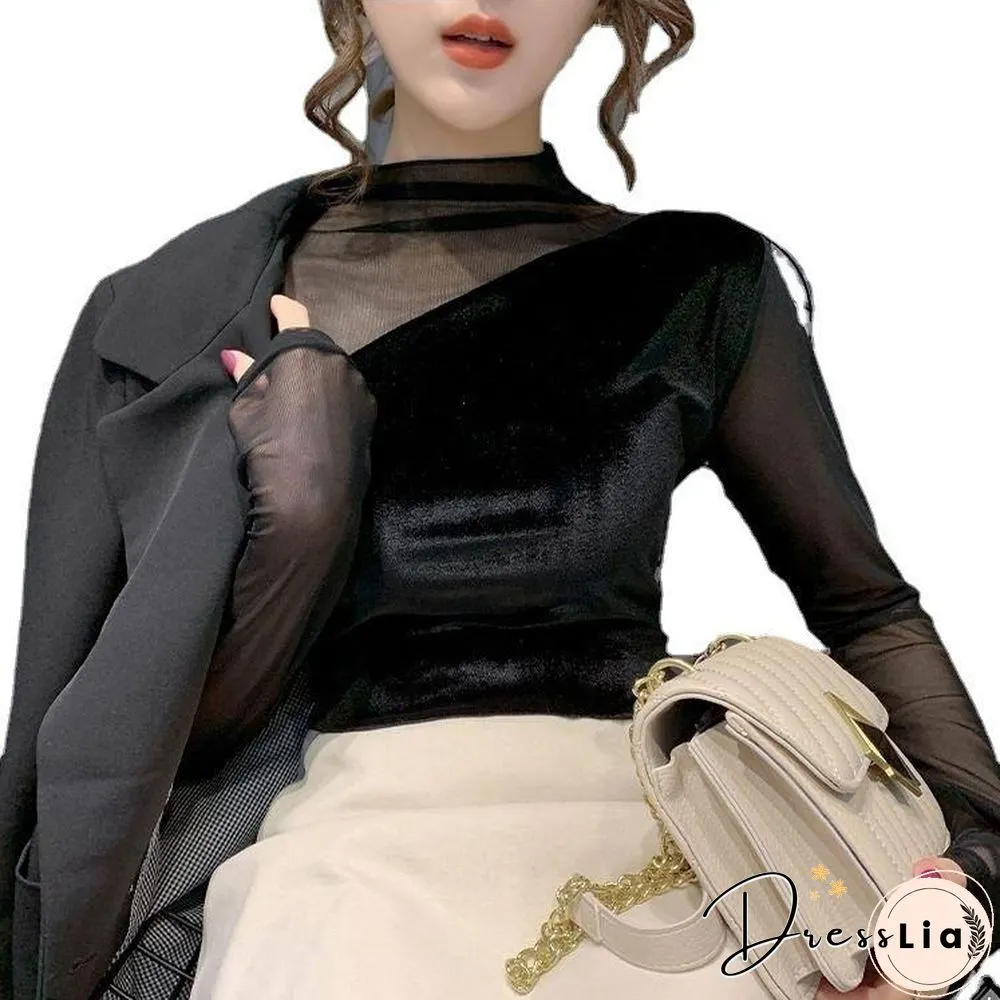 Sexy Mesh Joint Velvet Shirt