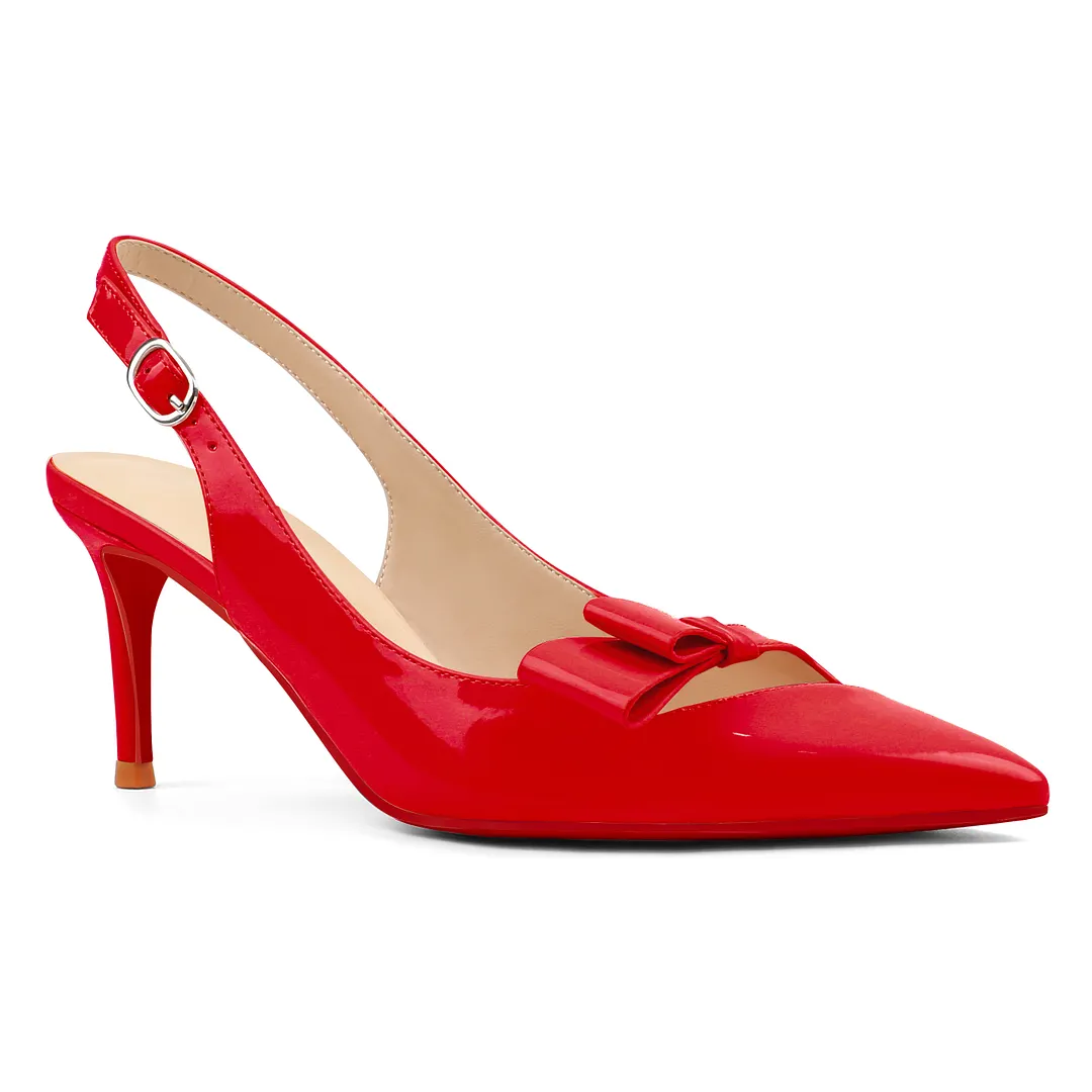 65mm Women's Stiletto Mid Heels Pumps Pointed Toe With Bows Slingback Red Bottoms Prom Sandals Shoes-vocosishoes