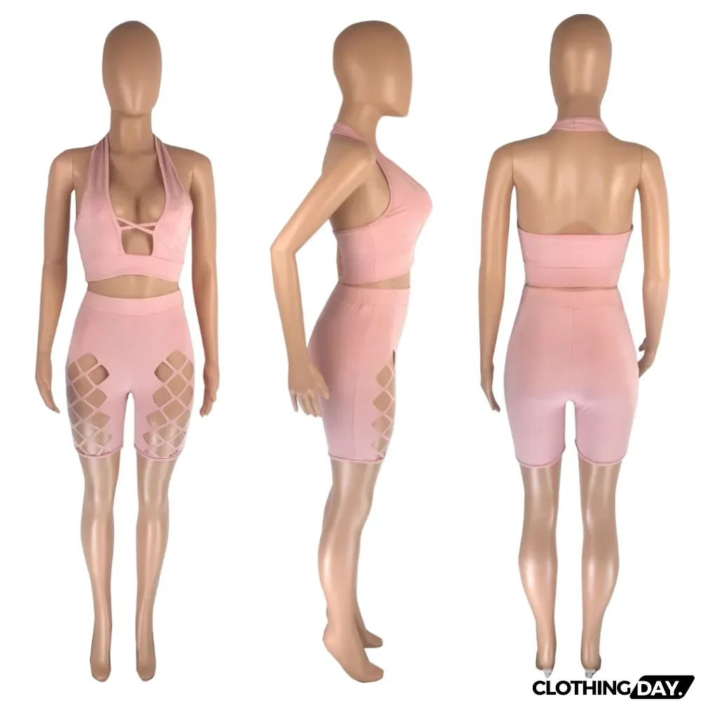 Sexy Halter Top And Hole Shorts Two Piece Sets
