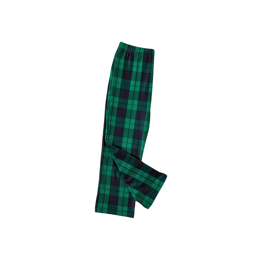Merry Christmas Letter & Tree Printed Pattern Black Long Sleeve Top and Green & Black Plaid Pants Family Matching Pajamas