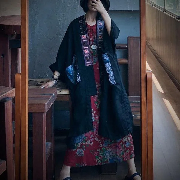 Vintage Patchwork Long Trench Linen Coats 2020  Style Trench Retro Casual Open Stitch