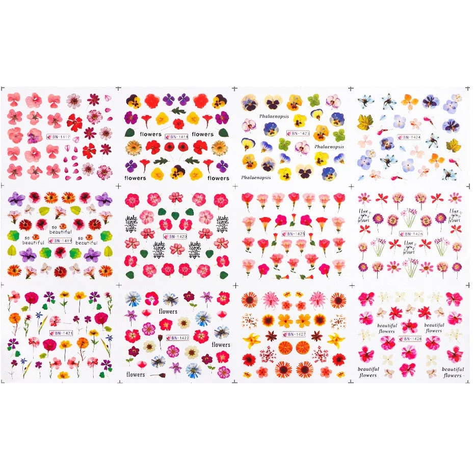 Nail Stickers Water Transfer Colorful Dry Flowers Designs 12Pcs/Set Nail Decal Decoration Tips For Beauty Salons