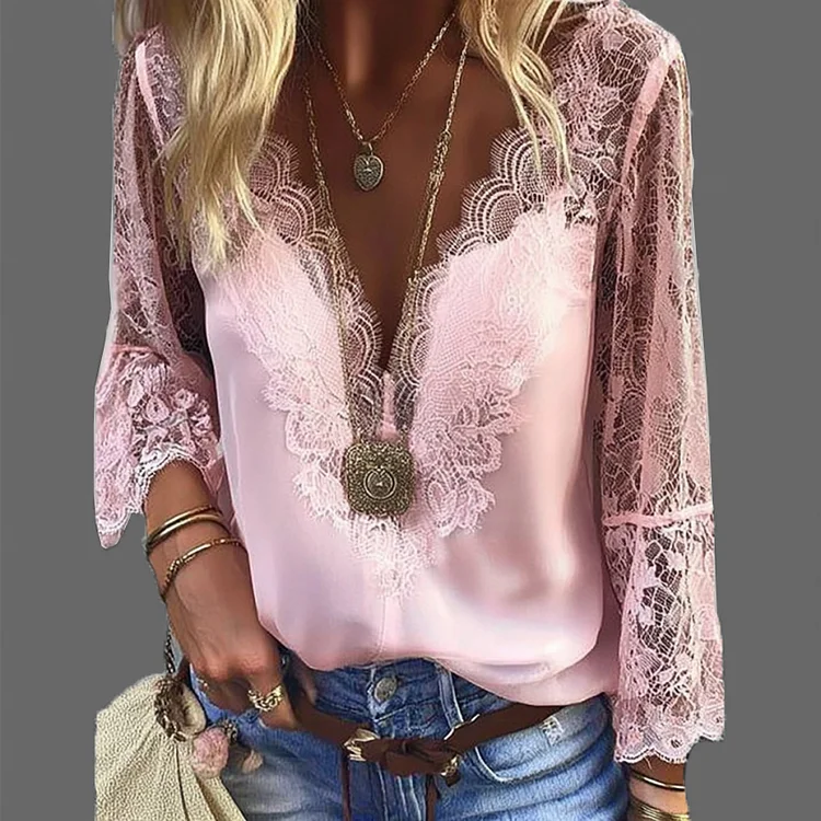 Ursime Lace Trims Deep V Neck Long Sleeve Blouse