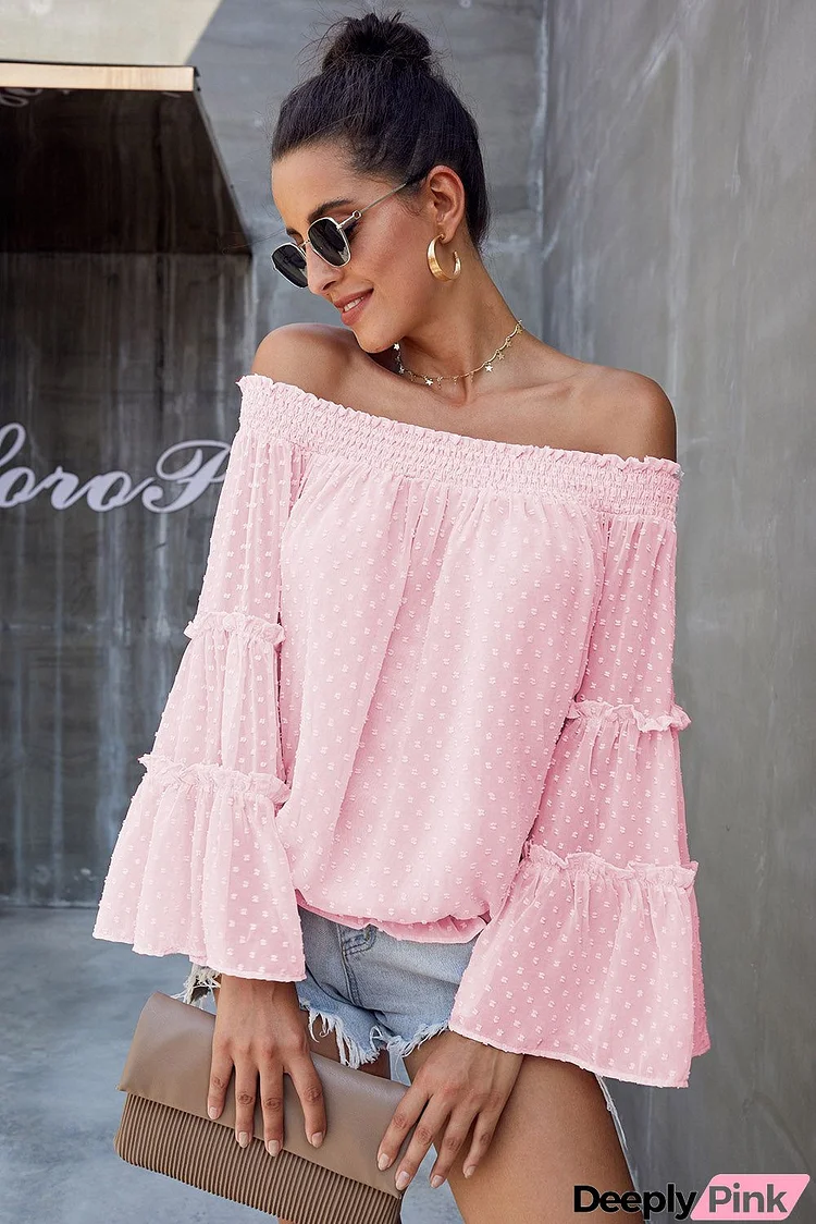 Pink Swiss Dot Off The Shoulder Bell Sleeve Blouse