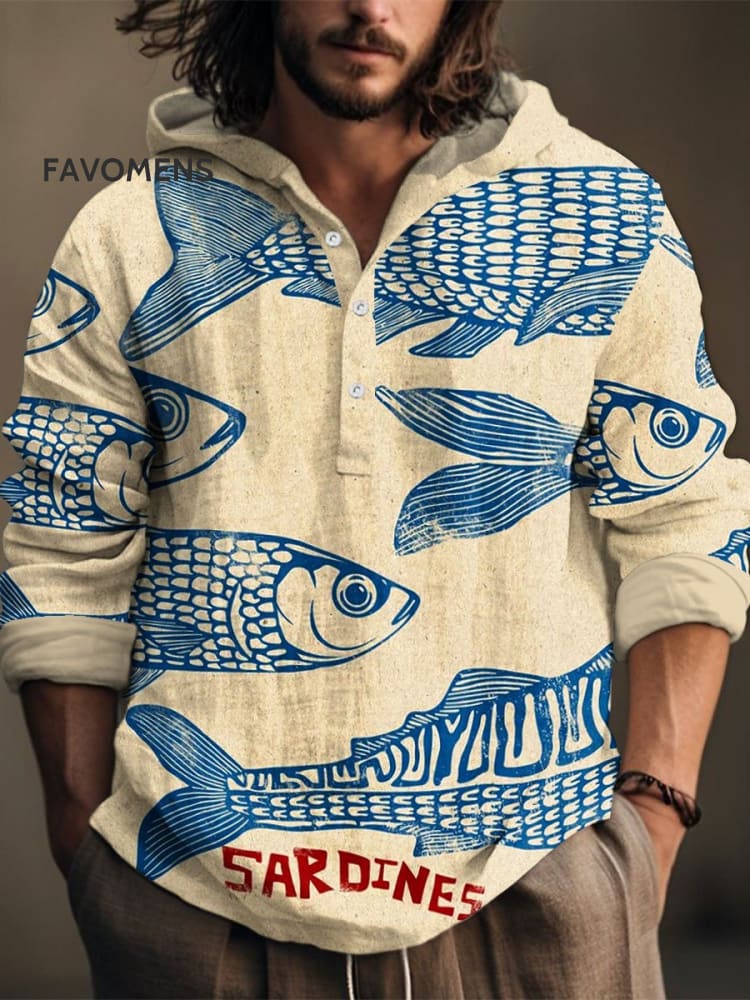 Vintage Fish Sardines Art Print Casual Jacquard Shirt Multicolor / S