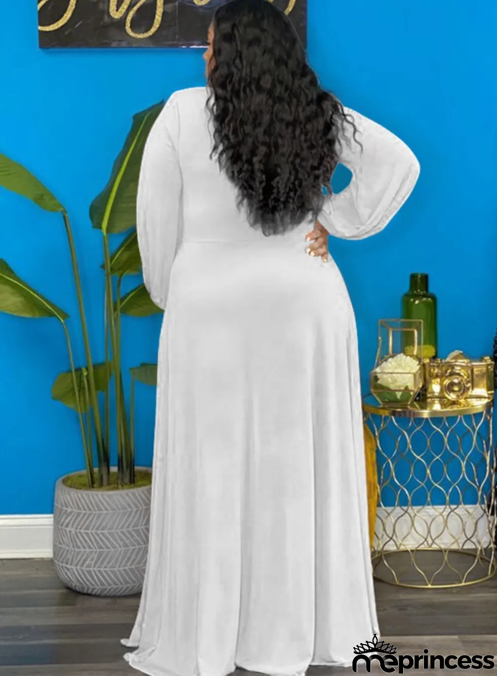 Spring Womne Plus Size White V-neck Long Sleeve Slit Maxi Dress