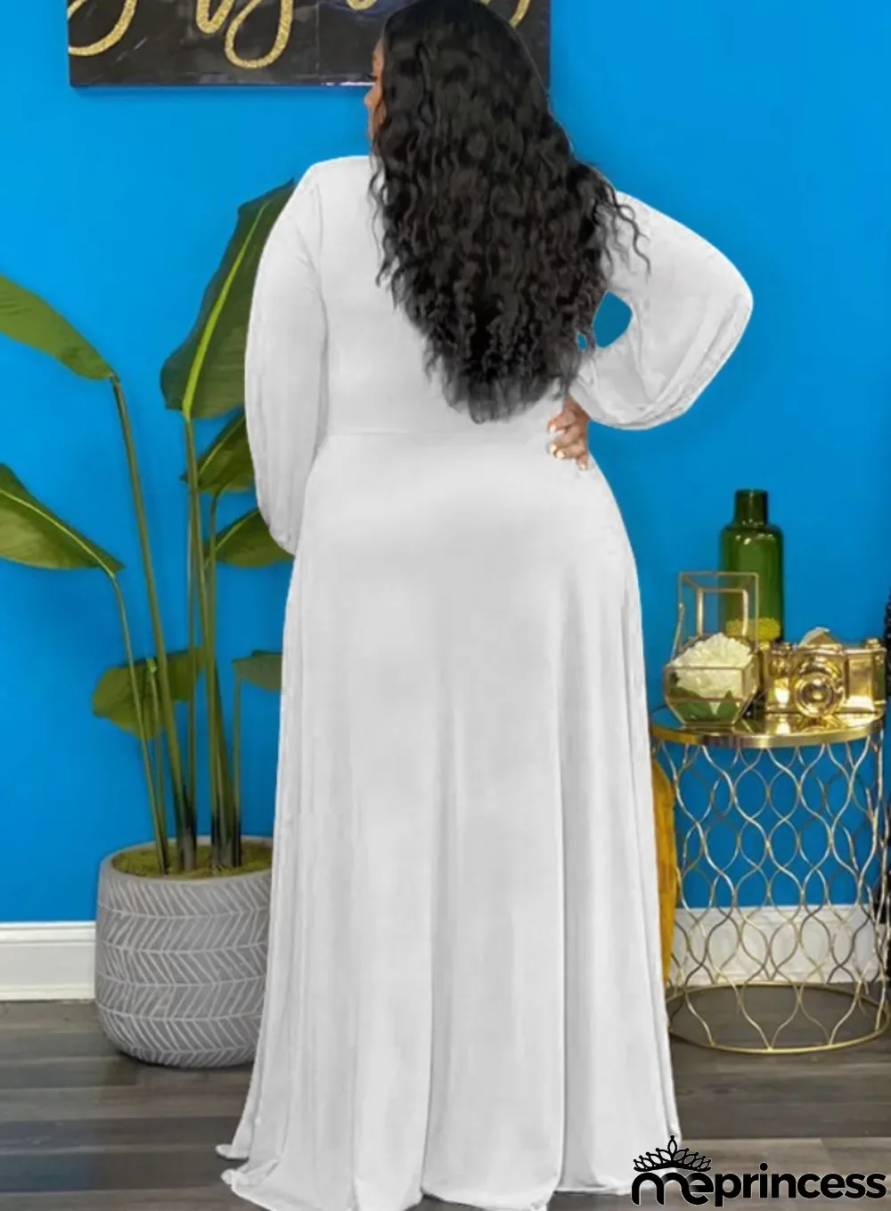 Spring Womne Plus Size White V-neck Long Sleeve Slit Maxi Dress