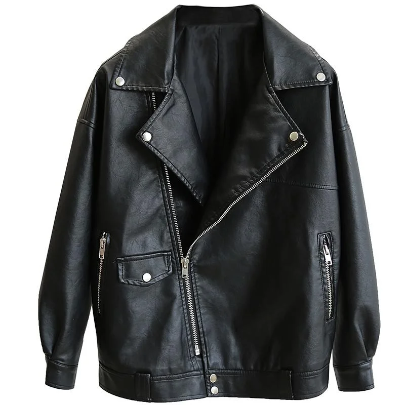 FTLZZ New Autumn Women Faux Leather Jacket Motorcycle Leather Jacket Black Loose Oversized BF Outwear