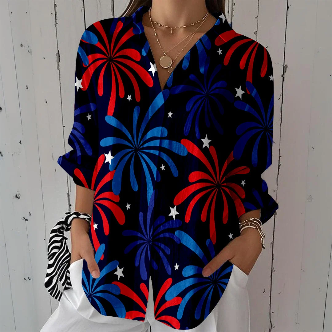 Style & Comfort for Mature Women Women  Independence Day, Star, Striped, Blue, Red DZCL0233 3/4 Sleeve Shirt Collar Printed Button Tops