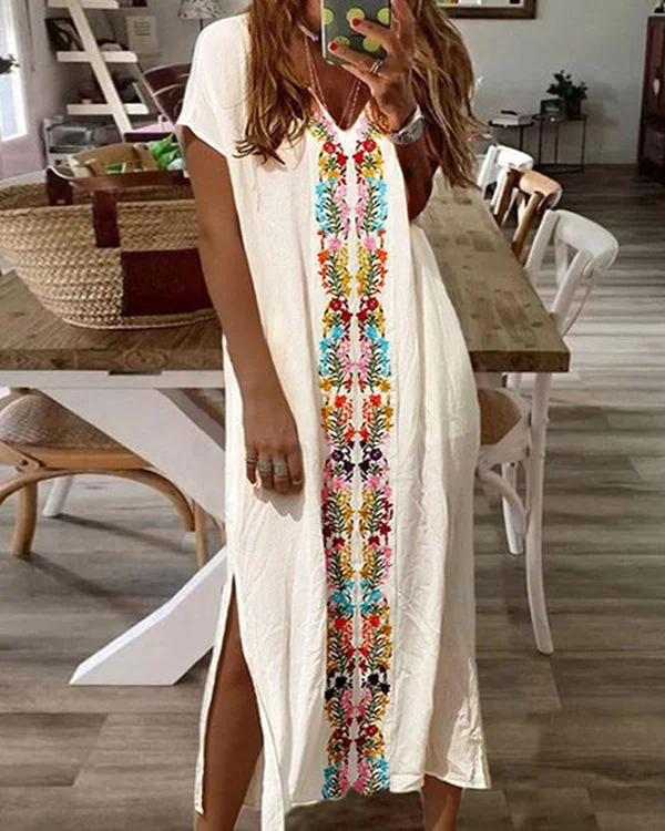 Casual Floral Print V-Neck Short Sleeve Hem Slit Maxi Dress