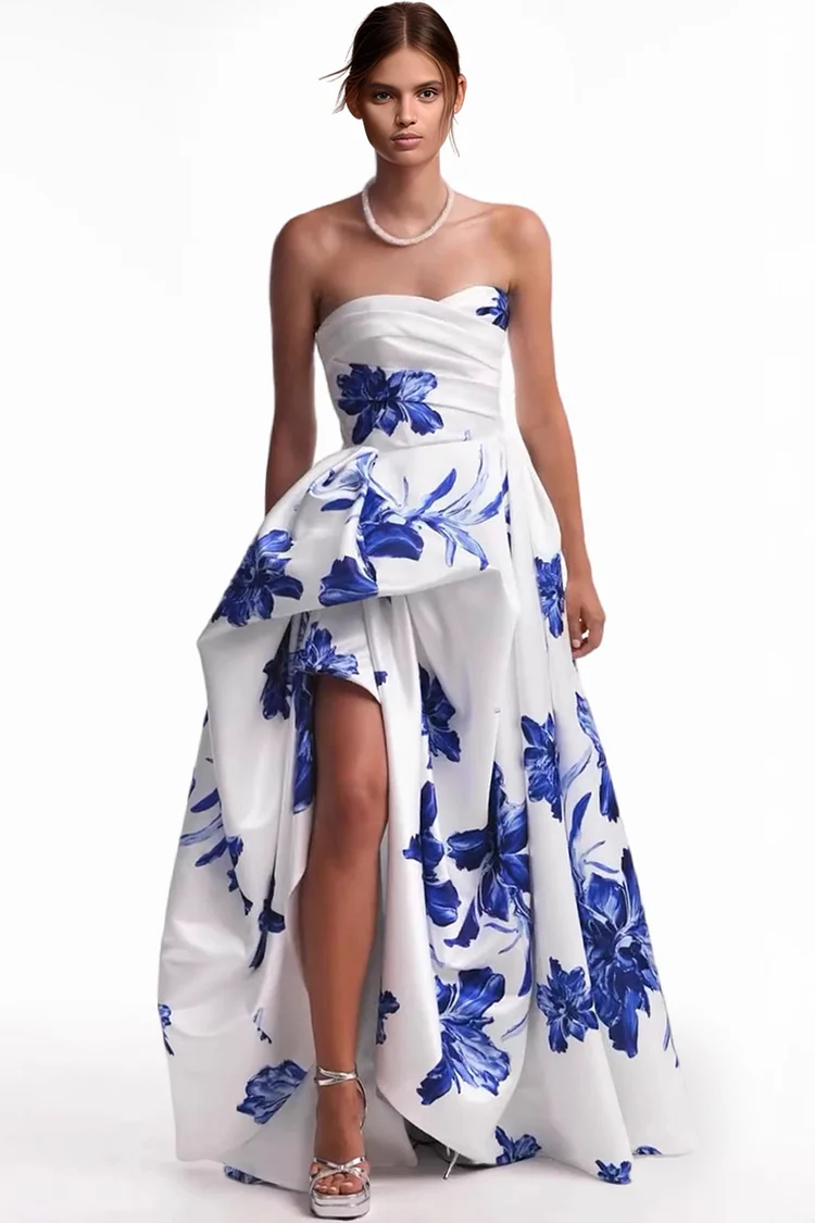 Wedding Guest White Floral Print Strapless Slit Maxi Dress
