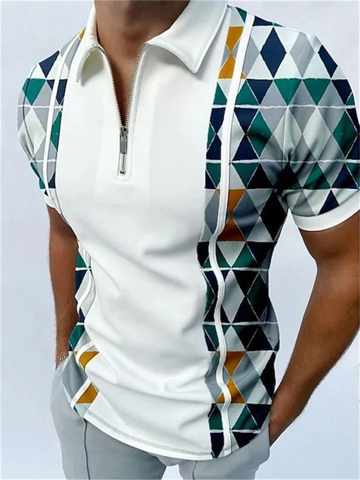 Diamond Pattern Zipper Polo Shirt Men's Summer Casual Tops White Red Green Black Khaki Gray | 168DEAL