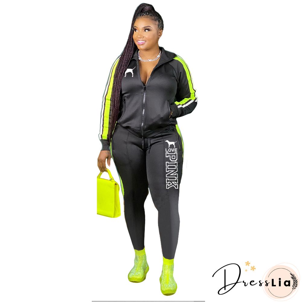 Plus Size Zipper Jacket Tops Sporty Pants Two Piece Set