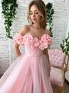Pink Enchanting 3D Peony Ballgown Princess A Line Tulle Prom Dress Off The Shoulder High Leg Split Formal Evening Gown Special Event Party