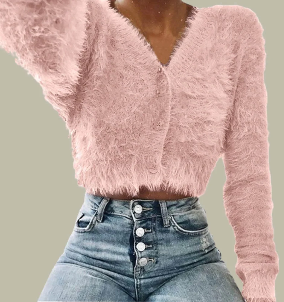 Fashion Solid Color Furry Cardigan