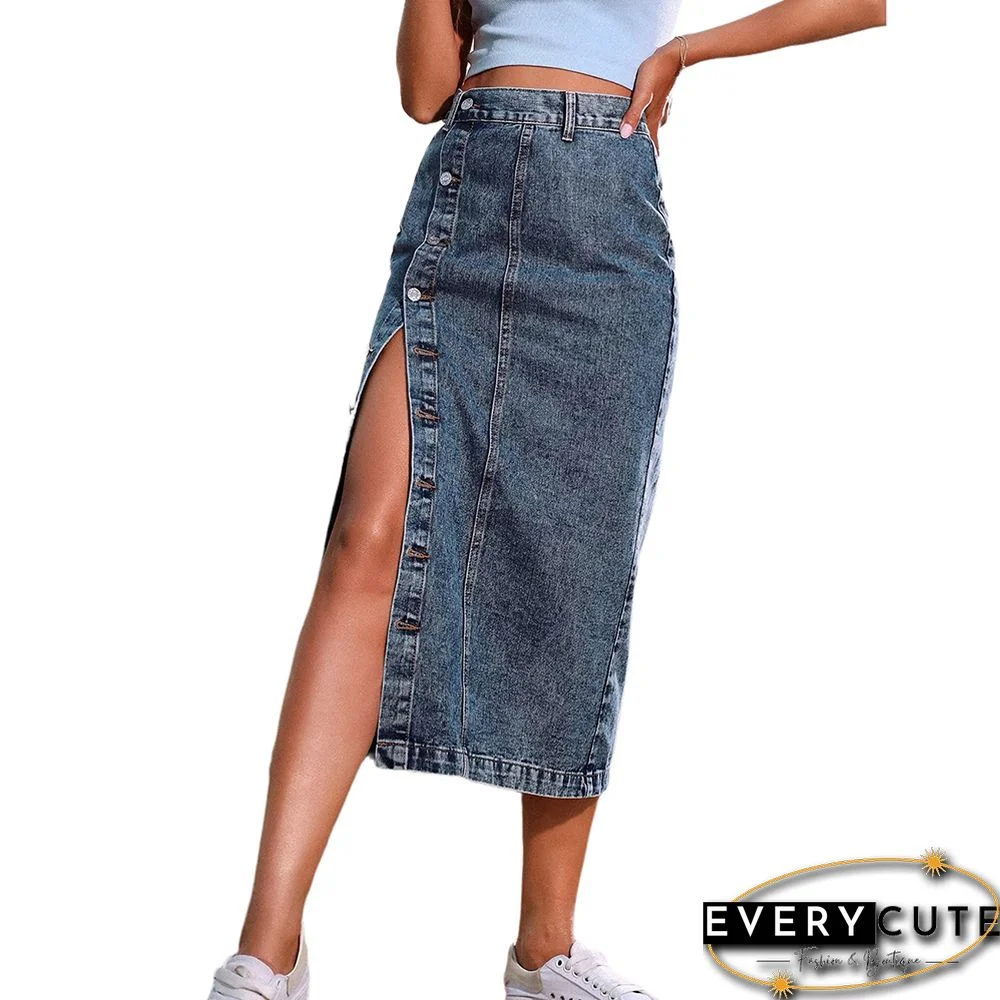 Pewter Button Split High Waist Maxi Skirt