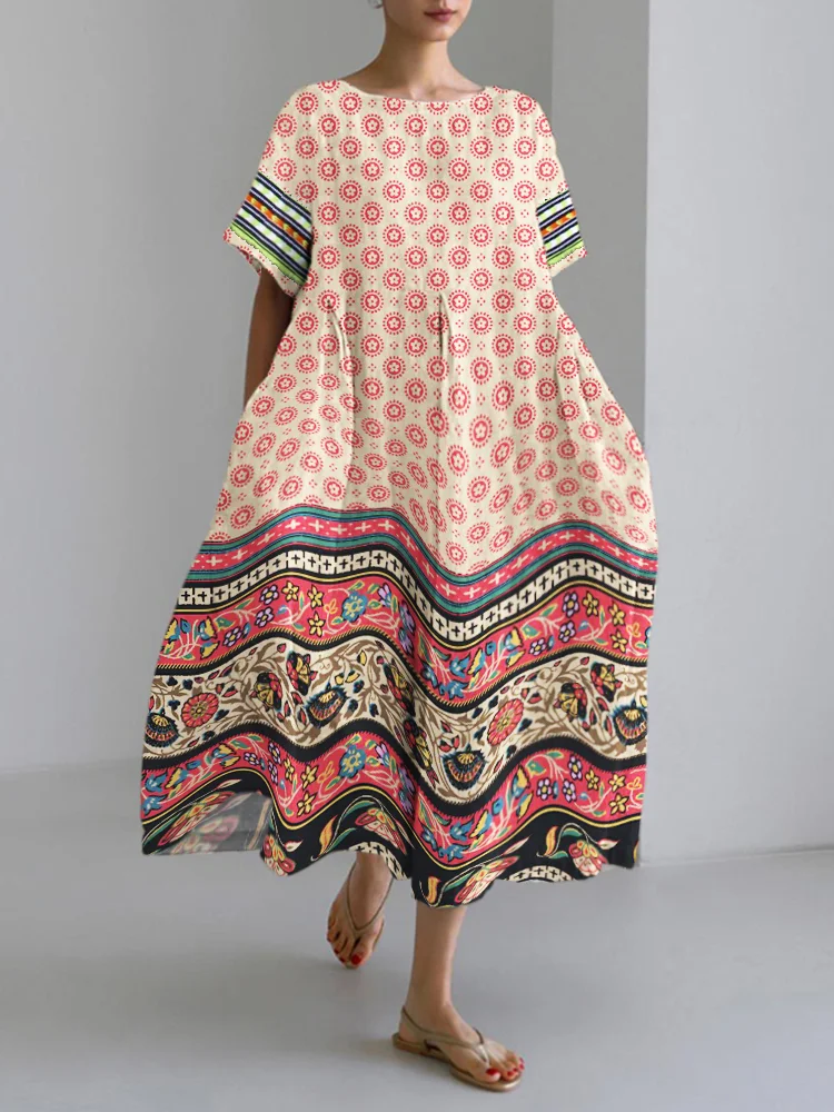 Ethnic Floral Pattern Women's Linen Maxi Dress