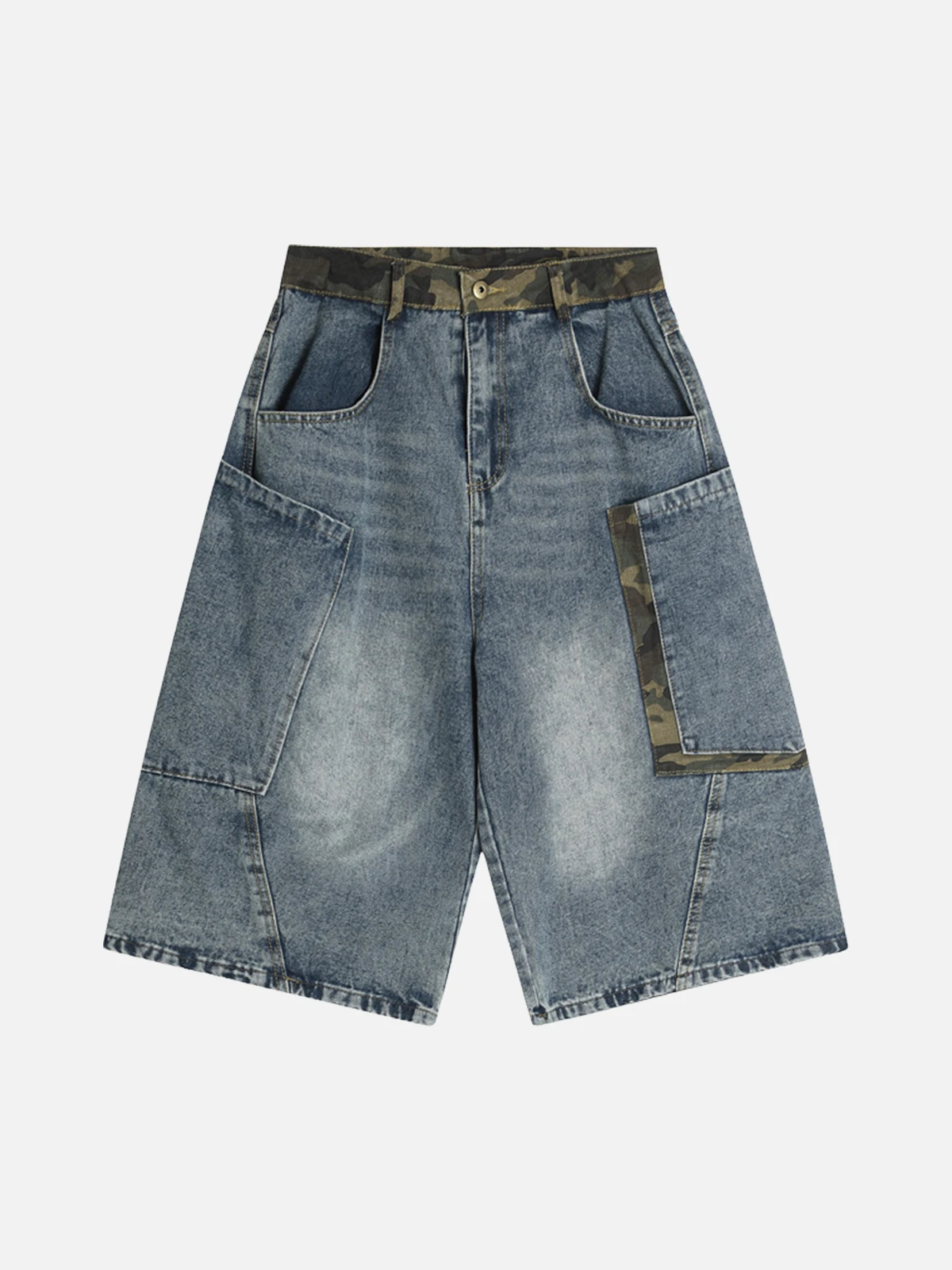 Blue Act Chic Camouflage Patchwork Longline Jorts Front
