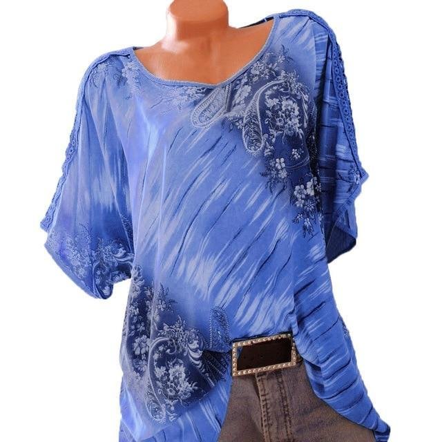 5Xl Plus Size Women Summer Short Sleeve V Neck Floral Print Loose Blouses Tops | IFYHOME