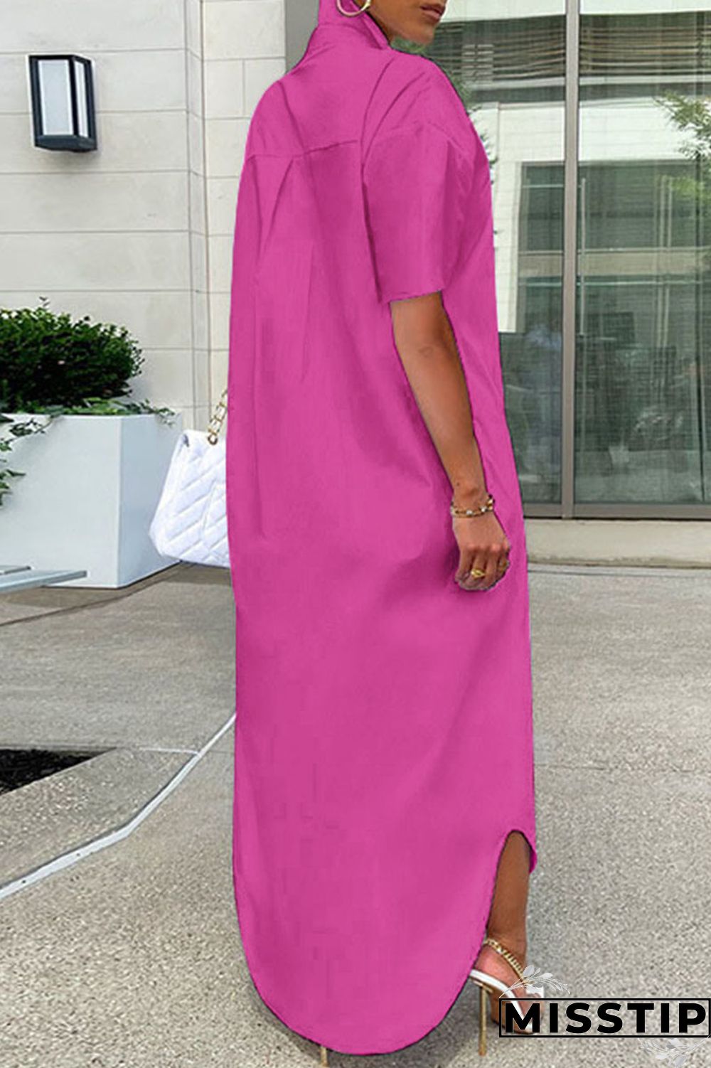 Rose Red Casual Solid Patchwork Buckle Turndown Collar Shirt Dress Dresses