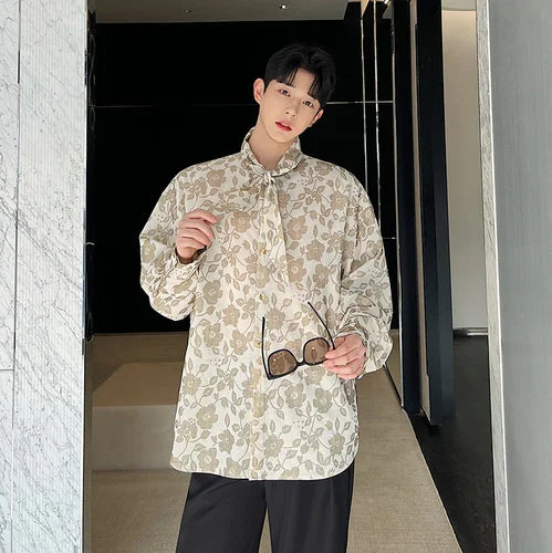 Dawfashion Techwear Streetwear-Leisure and Vacation Style Customized Burnt Flower Collar Ribbon Shirt-Streetfashion-Darkwear-Techwear