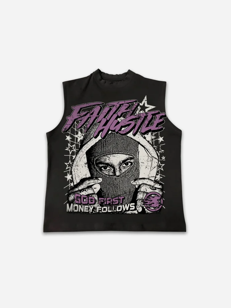 God First Faith Hustle Vintage Street Aged Portrait Graphic Cotton Tank Top