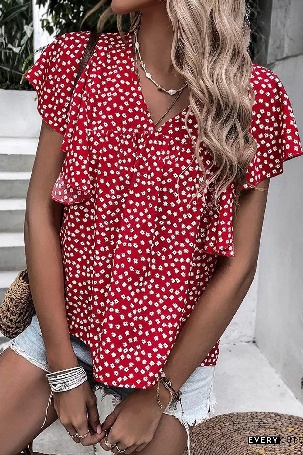Layered Plaid Short Sleeve V-Neck Lotus Leaf Blouses