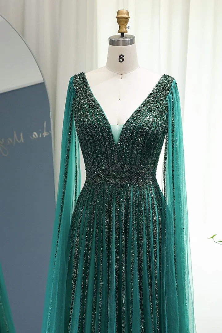 Daisda Emerald V Neck A Line Prom Dress Cap Sleeves Tulle With Beaded Appliques