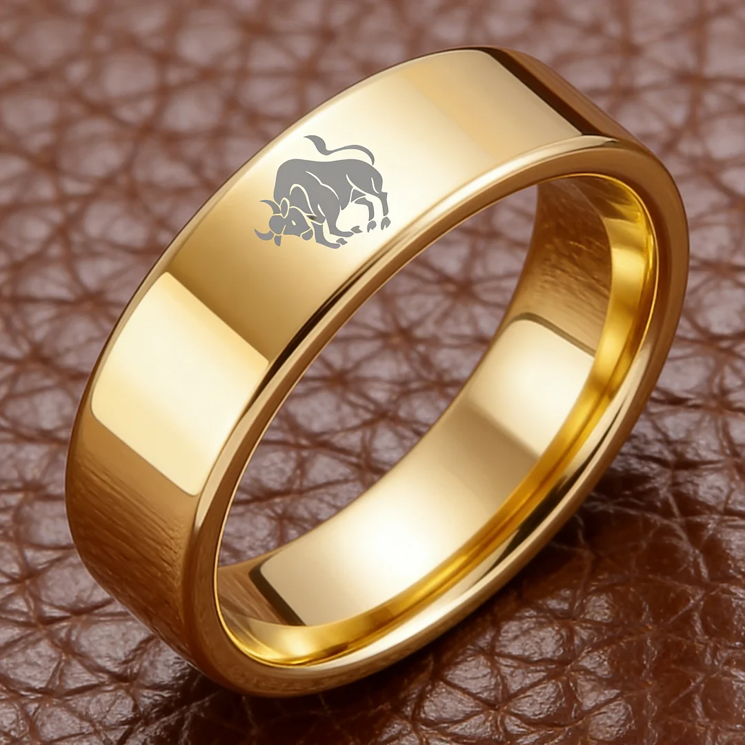 Taurus Tungsten Carbide Rings Gold Flat Wedding Bands Comfort Fit Mens and Womens 4MM 6MM 8MM