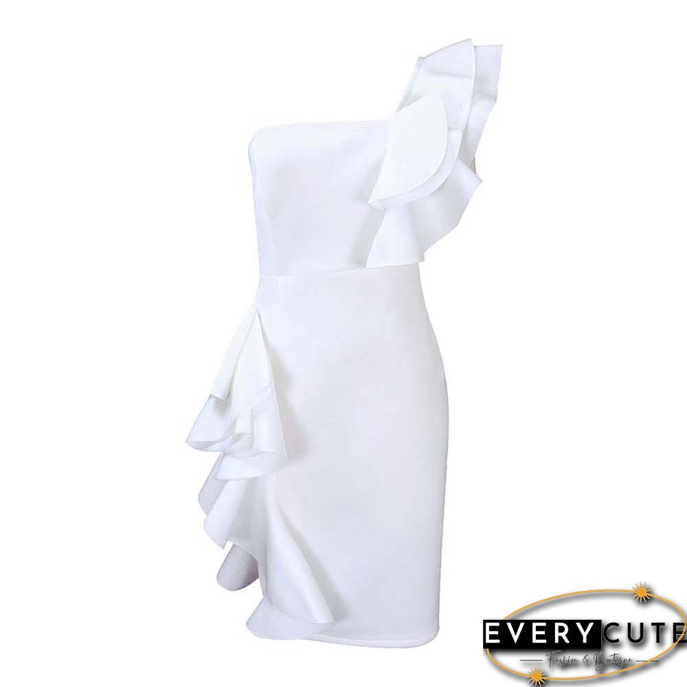 White Solid One Shoulder Bodycon Dress with Ruffles