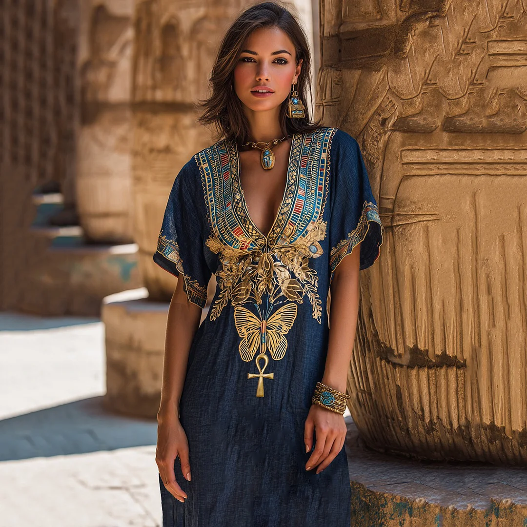 Women's Egyptian Butterfly And Ankh Art Casual V Neck Linen Dress