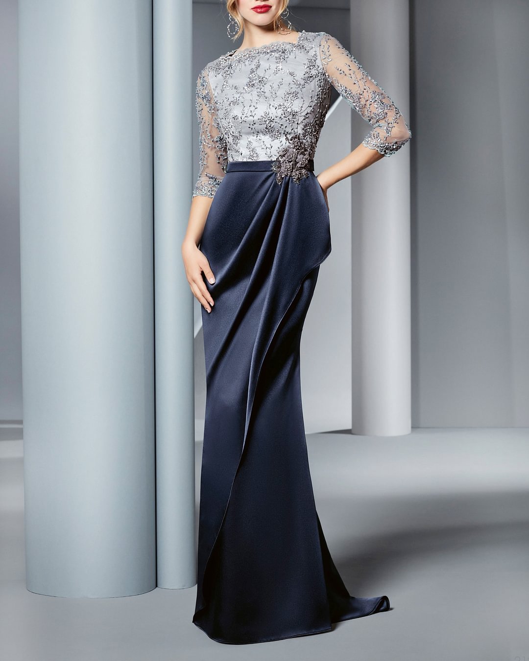 Elegant Lace Satin Panel Gown Dress