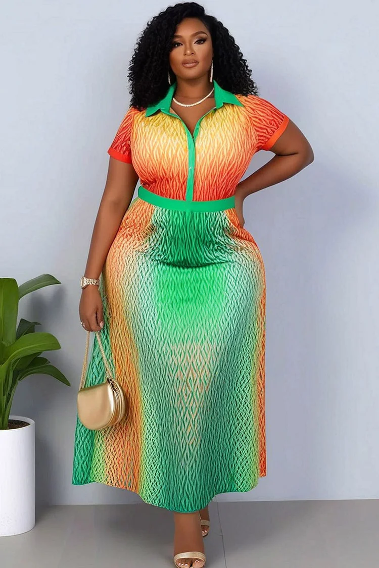 Xpluswear Design Plus Size Business Casual Multicolor Colorblock Shirt Collar Short Sleeve Bodycon Knitted Two Piece Skirt Sets [Pre-Order] 2024 - Xpluswear