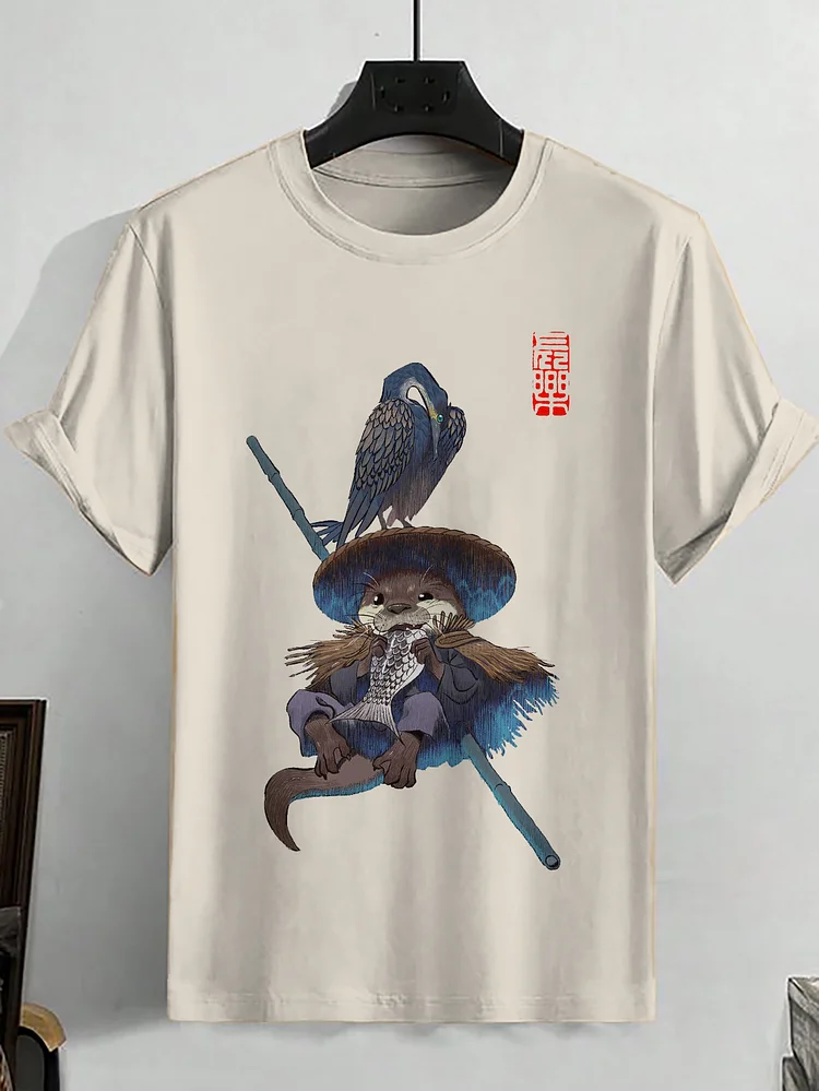 Men's Otter Fisherman Japanese Art Print Cotton Casual T-Shirt