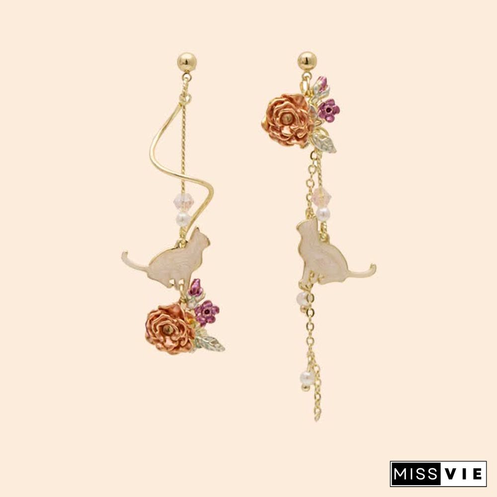 Asymmetrical Cat Blossom 925 Sterling Silver Stud Earrings Ear Clip