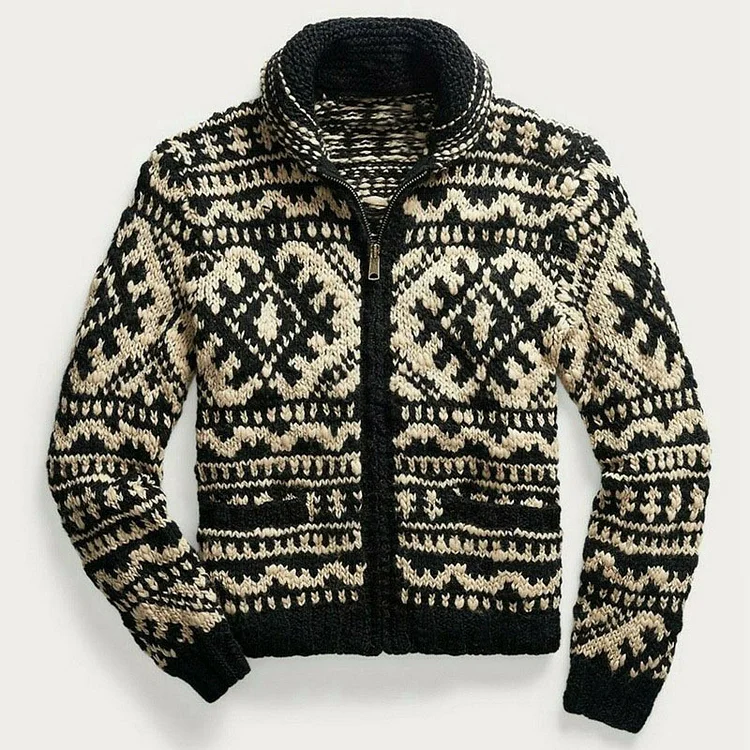 Comstylish Men's Jacquard Lapel Long Sleeve Knitted Sweater Jacket