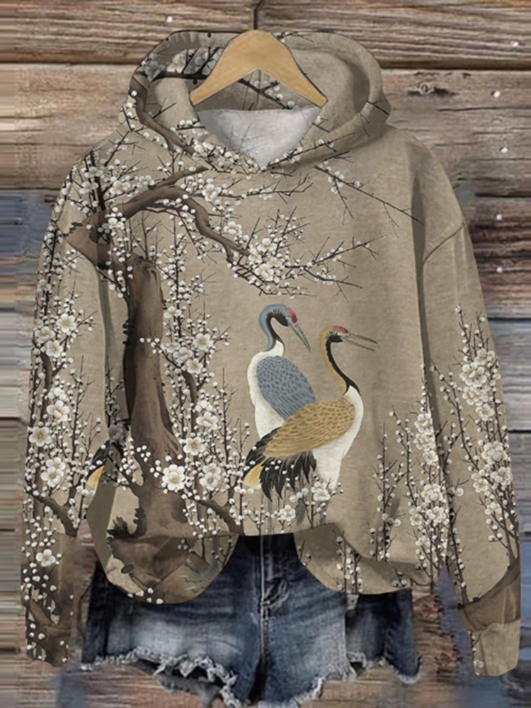 Comstylish Vintage Japanese Art Print Long Sleeve Casual Hoodie