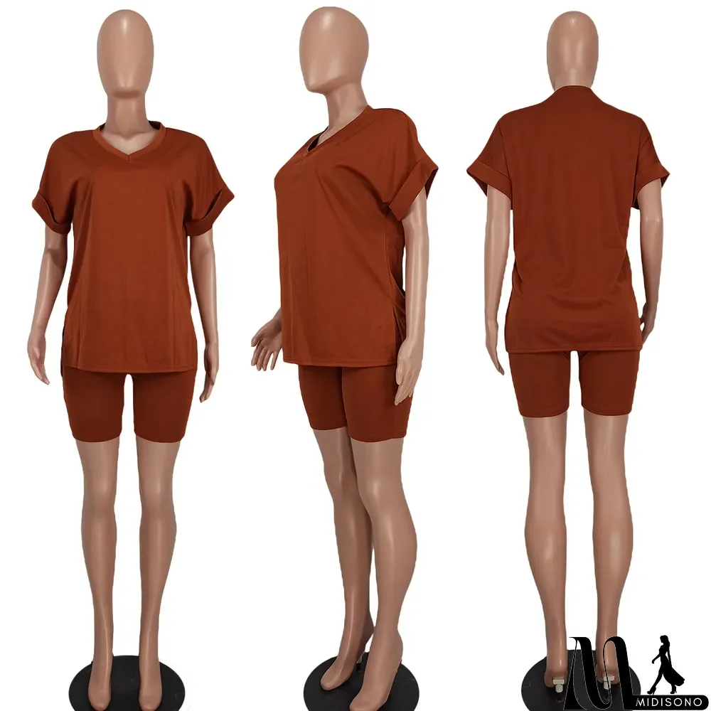 MidiSono - Two-piece Solid Color Slit Casual Shorts