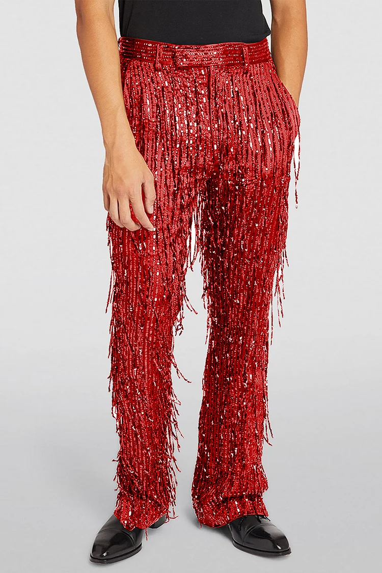 Ciciful Sequin Fringe Hight Waist Red Wide-Leg Pants