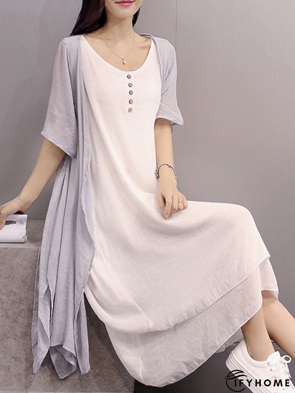 Casual Crew Neck Two Piece Buttoned Casual Dress | IFYHOME