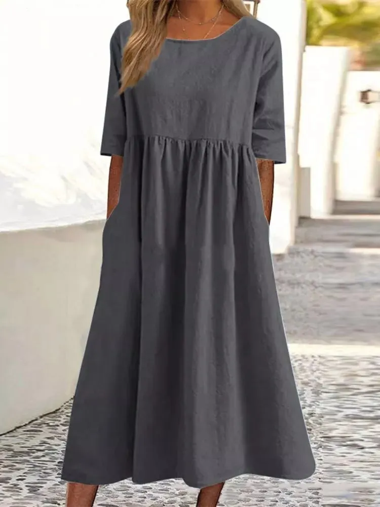 Brownm Brownm Cotton-Sleeved Short-Sleeved Pocket Folded Loose Round-Neck Dress In Summer 2025
