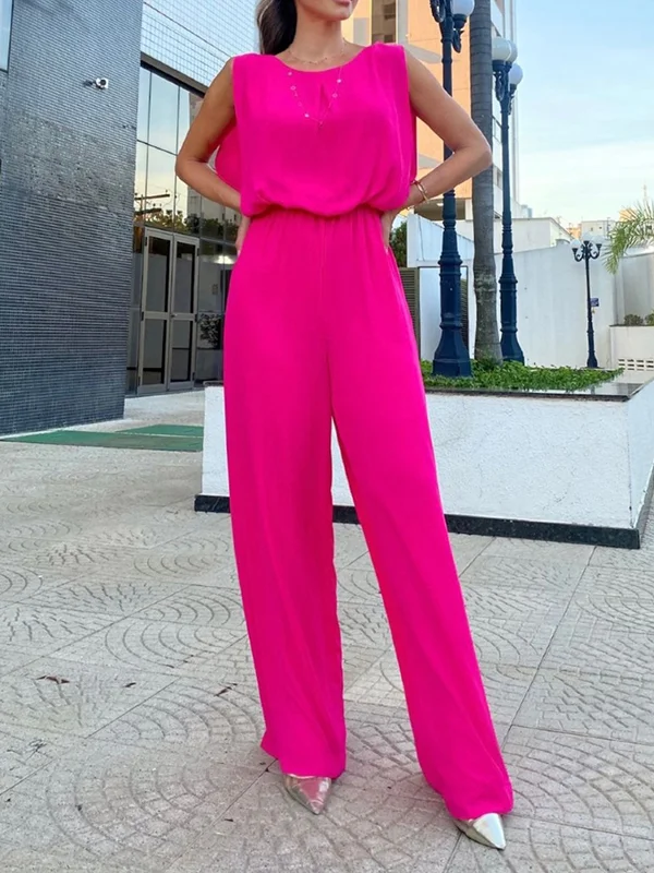 Solid Color Hollow Backless Wide Leg High-Low Round-Neck Jumpsuits Bottoms